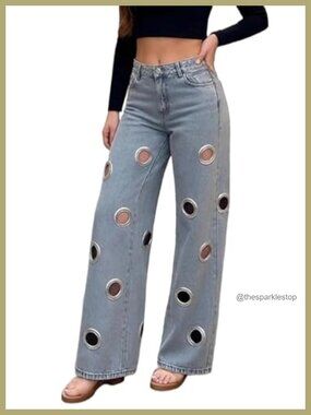 Wide Leg Cut Out High Waisted Eyelet Baggy Denim Jeans